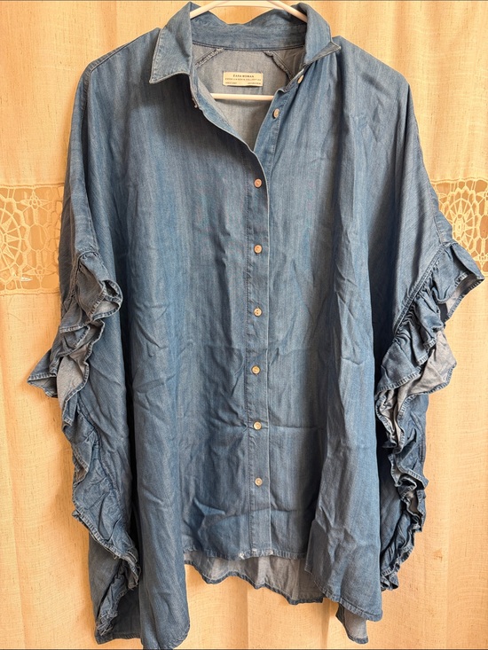 Zara Tops - Zara Blue Denim Top with Ruffled Sleeve